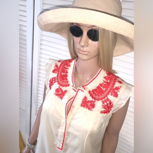 J. Crew ivory blouse with orange accent embroidery double layered Women’s size 8 - Picture 3 of 7